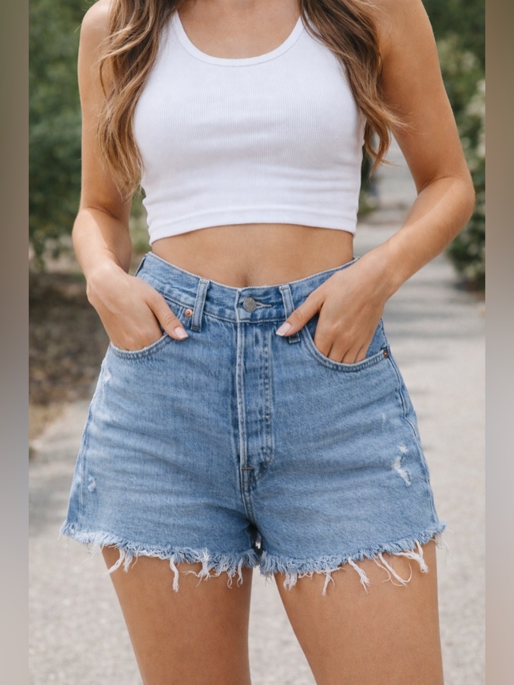 Levi's Light Blue Denim High-Rise Frayed Hem Shorts